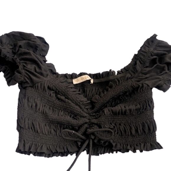 O. Vianca black cropped off the shoulder elastic rouching throughout Small - Picture 1 of 9